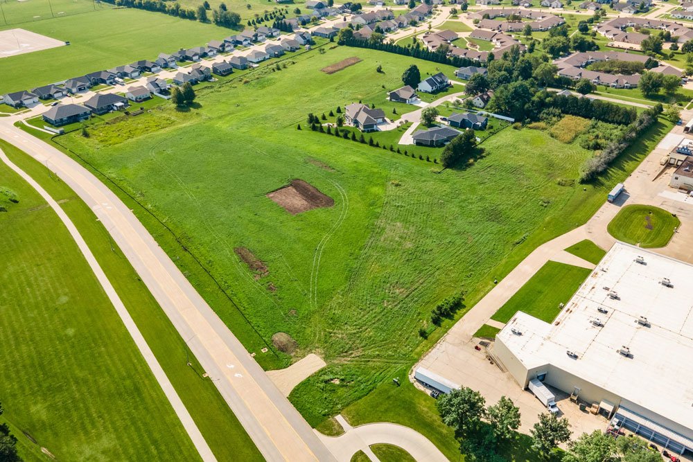 Aerial view toward shopping west of Stone Meadows